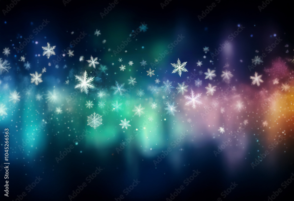 Canvas Prints A dark background with streaks of blue, green, purple, and orange hues, interspersed with snowflakes.