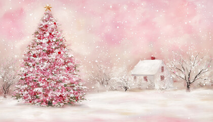Fototapeta premium Whimsical pink christmas wonderland scene. A magical pink Christmas scene featuring a beautifully decorated tree and snowy landscape