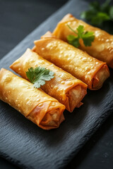 Fresh crispy chicken spring rolls on dark background generated.AI