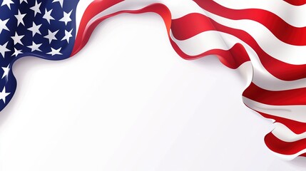 Waving American flag with red and white stripes and white stars on a blue field, set against a white background