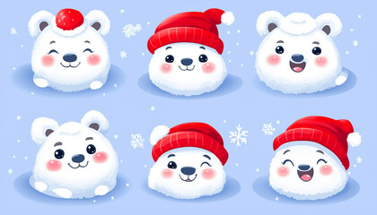Polar white little small bear cub wearing hat and red scarf.Flat design Winter blue background Snow flake