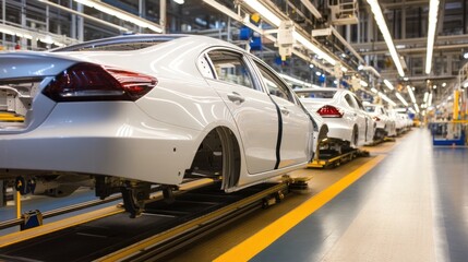 Car manufacturing process displayed with precision robots, automated lines, and advanced engineering.