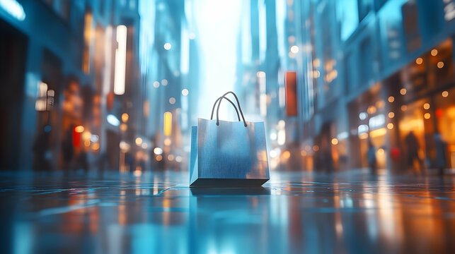 Fototapeta 3D Blurred Cityscape Shopping Bag Focus Wide Shot Urban Retail Icon Crisp Emphasis Commerce Background Dynamic Zooming Lens Concept Illustration