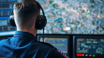 A man wearing a headset sits in front of a computer screen monitoring a city map