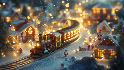 Obraz premium A vibrant Christmas train makes its way through a picturesque snowy village, blending with charming holiday decorations and cheerful Santa figures