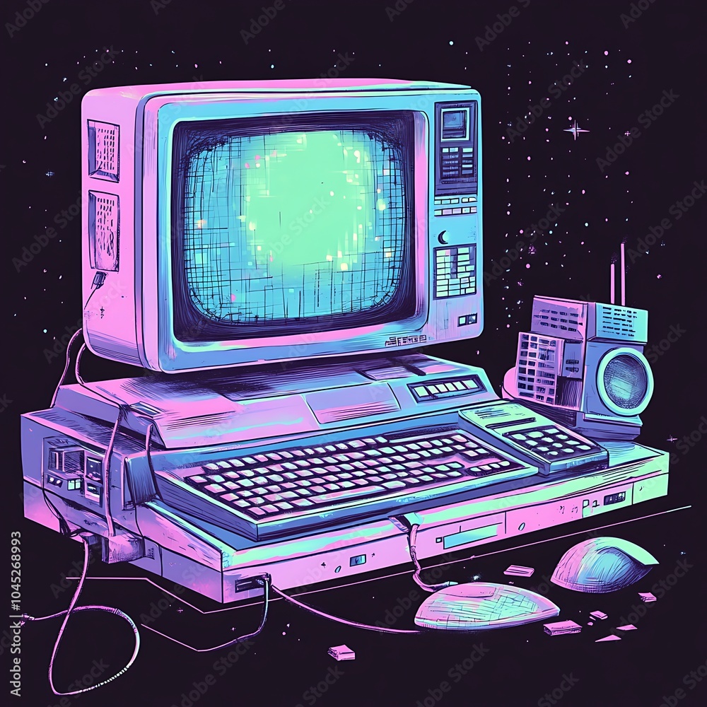 Poster Retro computer with glowing screen and starry background.