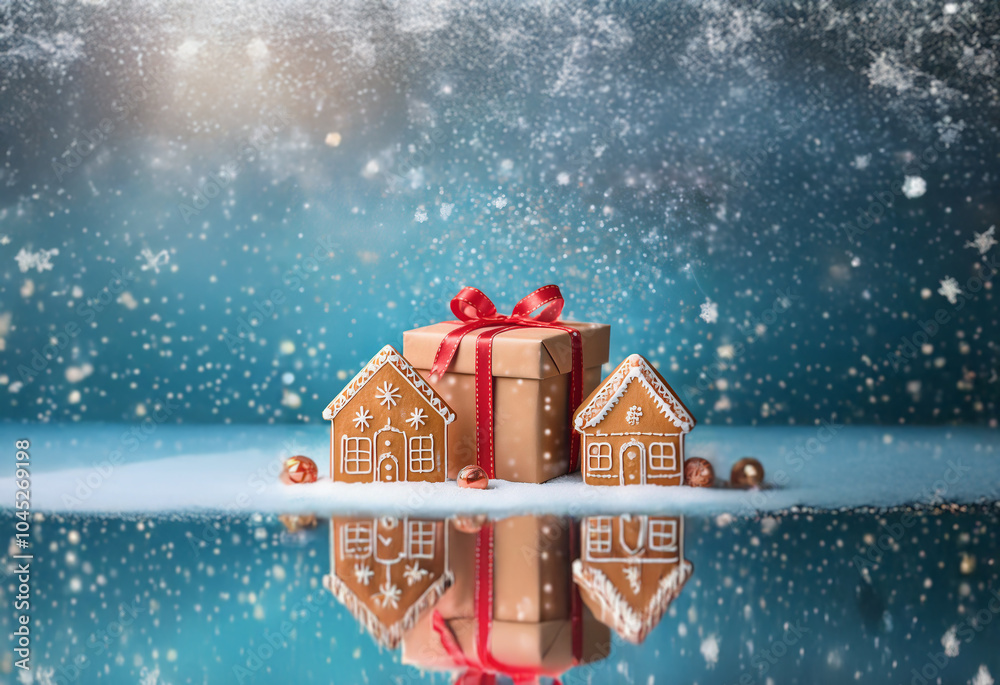 Poster A large gift box with a red ribbon sits between two gingerbread houses surrounded by snow on a blue reflective surface.