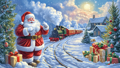 A vibrant Christmas train makes its way through a picturesque snowy village, blending with charming holiday decorations and cheerful Santa figures