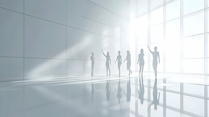 3D Business Team High Fiving in Glossy Office Celebrating Success with Copy Space for Branding Motivational Messages, Dynamic Teamwork Scene with Clear Isolated White Background