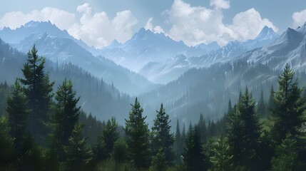 Fototapeta premium Breathtaking Pine Tree Forest with Majestic Mountains Landscape