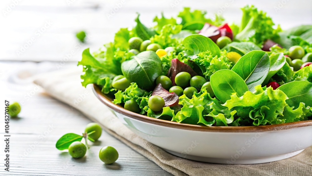 Wall mural fresh green salad on white background with green pea leaves lettuce Reflected