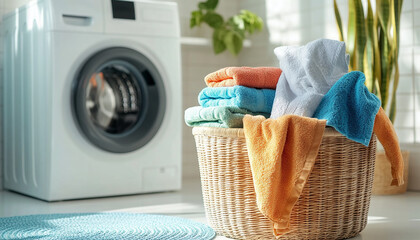 Close up of basket with colorful towels washing machine in background generated.AI