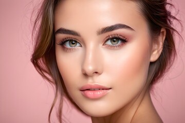 Fototapeta premium Close-up portrait of a beautiful brunette woman with radiant, flawless skin. Natural beauty and joyful expression, isolated on a pink background.