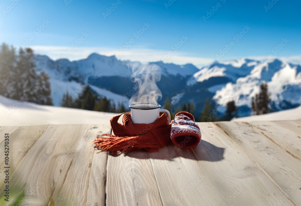 Poster A steaming cup of coffee on a wooden table with a red scarf and mittens in front of a snowy mountain landscape.