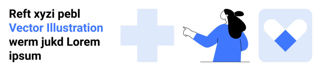Woman pointing at icons of a plus sign and a heart shape. Ideal for healthcare, wellness, medical services, health awareness, online health platforms. Banner for landing page