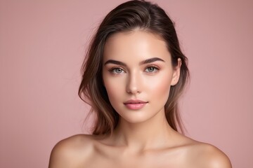 Fototapeta premium Portrait of a beautiful brunette woman. Natural beauty and joyful expression, isolated on a pink background.