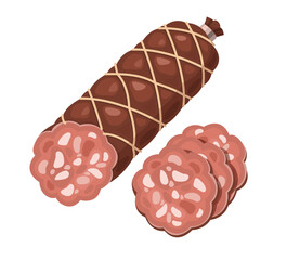 Sliced salami sausage with rope netting