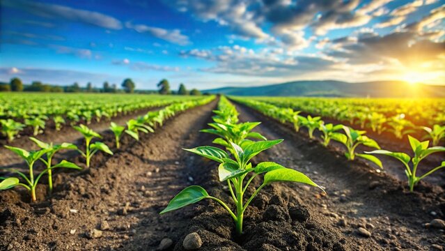 Fresh green shoots in a spring field planted with pepper sprouts on a cultivated farm, Wide-Angle
