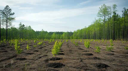 Obraz premium Planting new trees in a forest, saplings in the ground with a forest backdrop, emphasizing environmental restoration.