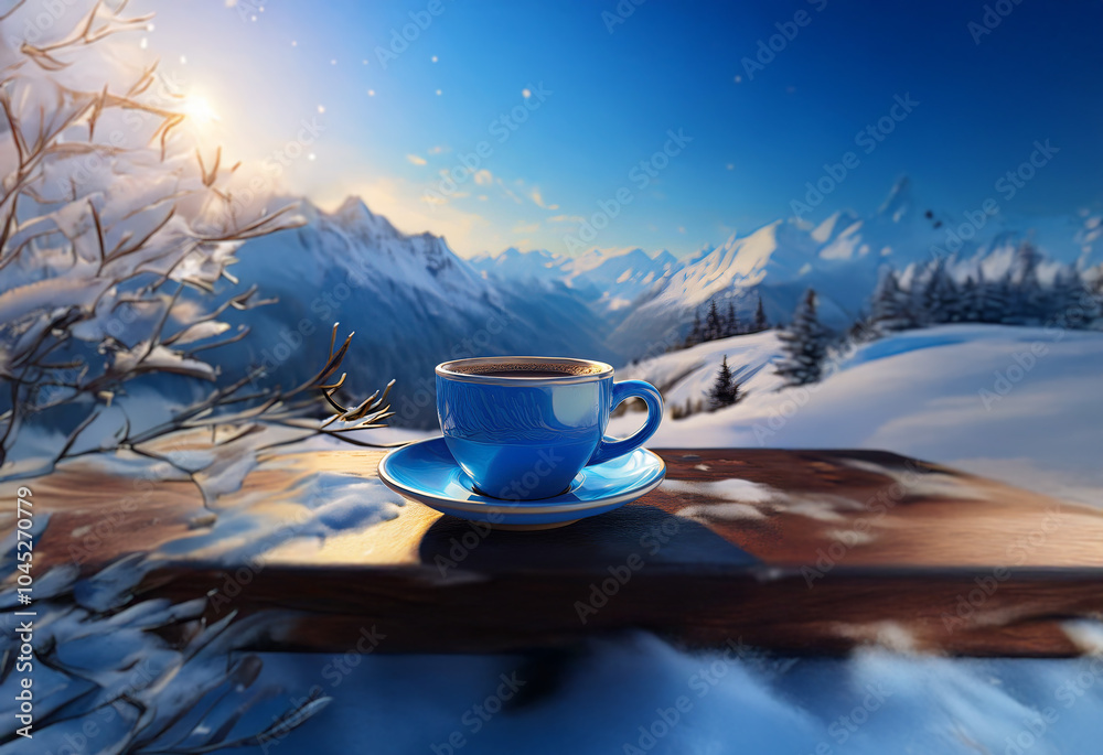 Poster a steaming cup of coffee sits on a wooden surface with a snowy mountain range in the background and 