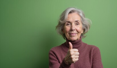 Senior woman with confident smile giving thumbs up against green background with copy space