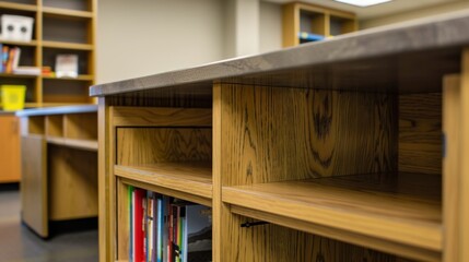 Obraz premium Newly remodeled public library with empty wooden bookshelves, warm tones creating cozy, quiet space for learning and research