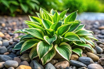 Fototapeta premium Fresh hosta plant nestled among river rocks in a garden with a tilted angle