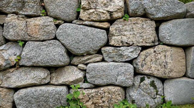 A close-up of a stone wall, with large, weathered stones stacked together