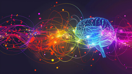 Fototapeta premium vibrant flow of ideas is visually represented through colorful waves and brain illustration, symbolizing creativity and thought processes