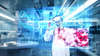Skilled medical worker explaining and sharing idea about genetic symptom while looking at DNA hologram. Professional doctor wearing VR headset while diagnosis heart symptom. Technology. Apparatus.