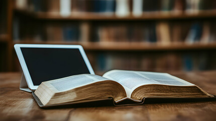Fototapeta premium Digital Tablet and Open Book Side by Side on a Wooden Surface, Illustrating Modern Learning and Technology Integration