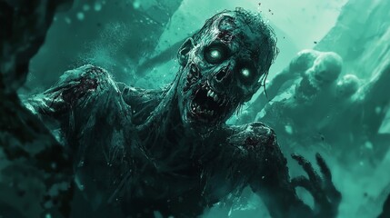 A creative zombie illustration combining realistic textures with fantasy elements, set in a dark, eerie environment