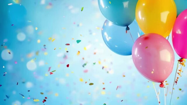 Empty white table top in front, blurred happy birthday party decoration background. Celebration blank scene with colorful balloons. Podium, pedestal, shelf