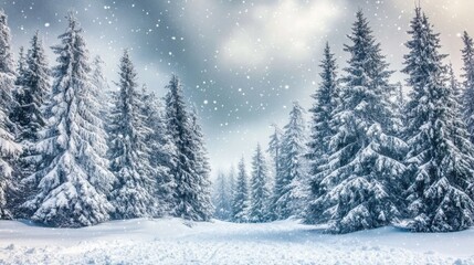 Obraz premium Snow-covered forest scene with tall trees, branches weighed down by the thick layer of white snow, under a grey winter sky