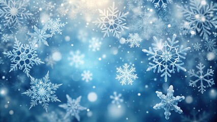Snowflakes falling on a winter background with Christmas decorations, shot from an aerial perspective