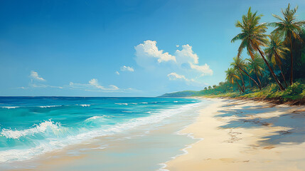 Sunny beach with turquoise waters and palm trees swaying in the breeze: A pristine beach with soft white sand and turquoise waves gently lapping at the shore. Palm trees line the b