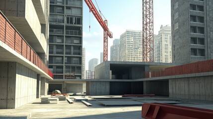 Fototapeta premium Urban Construction Site with Cranes and Building Materials