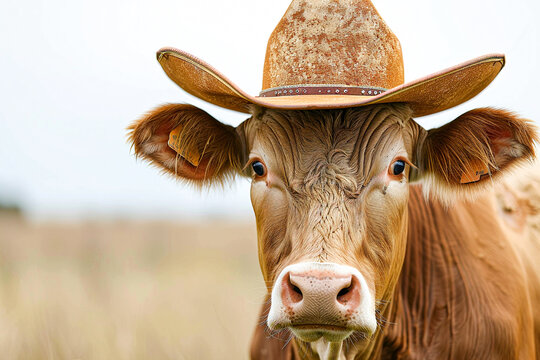 A cow wearing a cowboy hat in a rural setting, looking straight into the camera with a serious face.