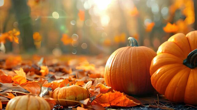 Autumn Pumpkins in autumn forest, fallen yellow and orange leaves. Happy Halloween holidays, harvest season.