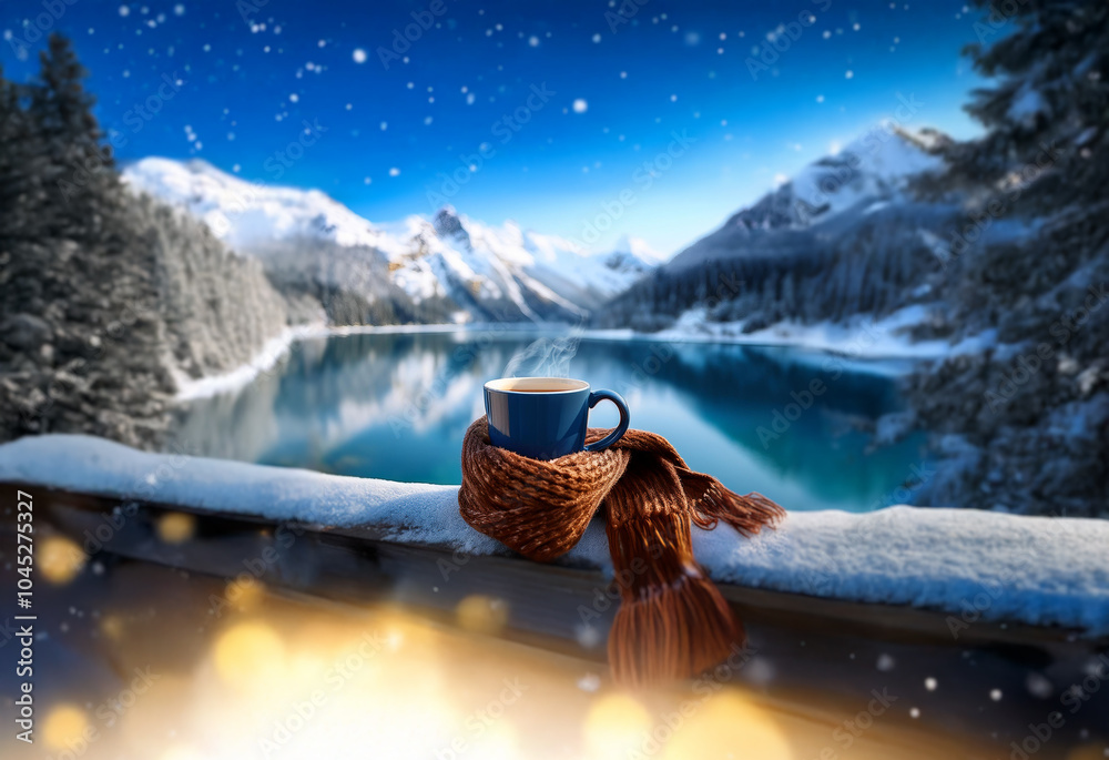 Poster a cup of steaming beverage sits on a snow-covered railing overlooking a frozen lake and snow-capped 