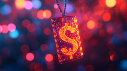 3D Close Up Holographic Discount Tag Glowing Currency Symbol Macro Image Abstract Background Bokeh Lights Financial Discounts Advertising Ample Copy Space White Background