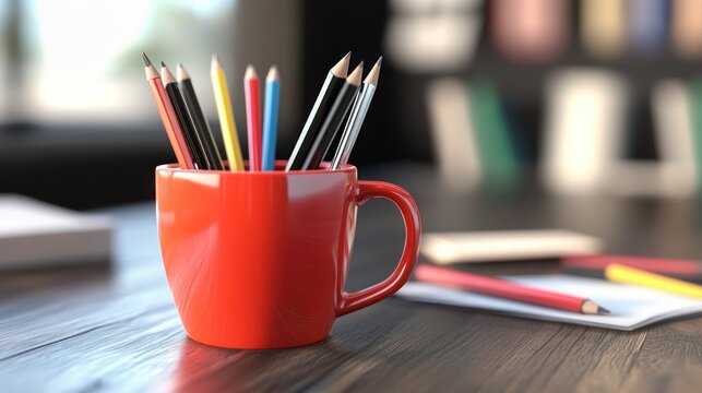 Red Mug with Pencils on a Wooden Desk - Powered by Adobe