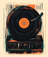 Vintage turntable with record playing on a textured background.