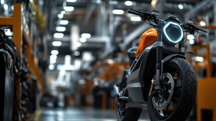 Fototapeta premium Electric motorbike production facility crafting high-performance electric bikes with cutting-edge technology.