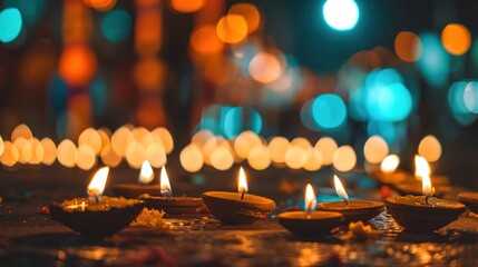 Vibrant Diwali Street Scene: Flickering Oil Lamps, Traditional Architecture, Diverse Crowd Celebrating Festival of Lights