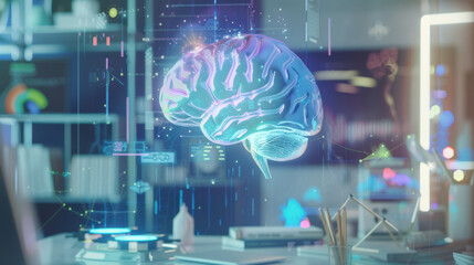 Obraz premium holographic brain floats above modern desk, surrounded by digital elements and vibrant colors, symbolizing advanced technology and innovation in neuroscience