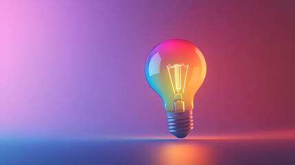 Fototapeta premium Glowing Rainbow-Colored Lightbulb Floating on a Plain Background, Symbolizing Creativity and Inspiration