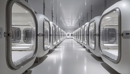 Contemporary capsule hotel rooms with sleek designs and modern finishes located in an urban setting featuring transparent walls