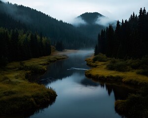 Fototapeta premium Misty morning river scene with fog rolling over hills