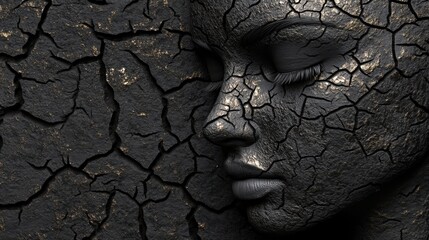 Woman's face depicted with an intricate cracked texture on a black background, evoking themes of vulnerability and strength.